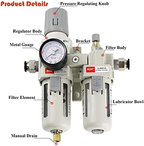 RIH Pneumatics 1/2" NPT Compressed Air Filter Regulator Lubricator Combo Water/Oil Trap Separator - Gauge(0-150 psi), Semi-Auto Drain, Poly Bowl,Bracket - 3 in 1 Two Unit (1/2" NPT) - Image 3