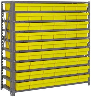 Quantum 1239-401YL Heavy Duty Shelving Unit with (7) Shelve and (36) Yellow Bins (QED601) for Garage Warehouse Storage Distribution | 400 lb Load Capacity | 12"D x 36"L x 39"H, Galvanized Carbon Steel by QuantumStorageSystems