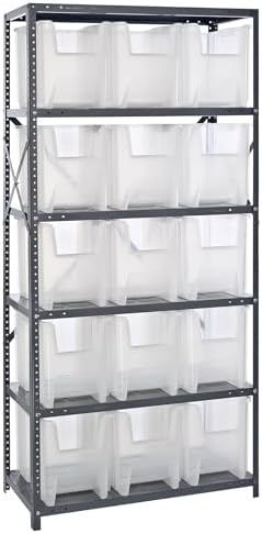 Quantum Storage Systems QSBU-600CL Clear-View Giant Stack 6-Shelf Steel Shelving Unit, 18" x 36" x 75" with 15 QGH600CL and 6 QGH800CL Bins, Clear by QuantumStorageSystems