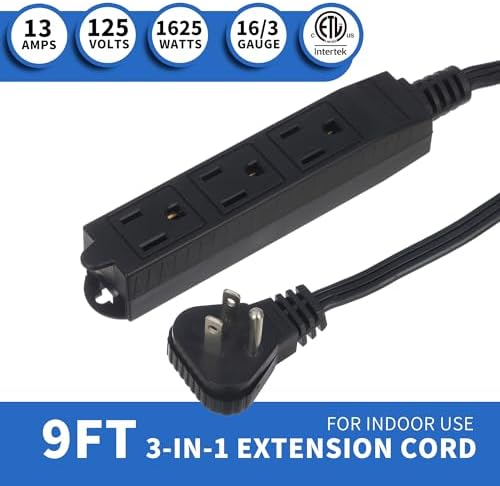 GOMEN 9 Feet Indoor Extension Cord with 3 Outlets, AWG 16/3 Angled Flat Plug Power Strip, 3 Prong Grounded, 13 Amps - 1625 Watts - 125 VAC, Black, 4 Pack - Image 2