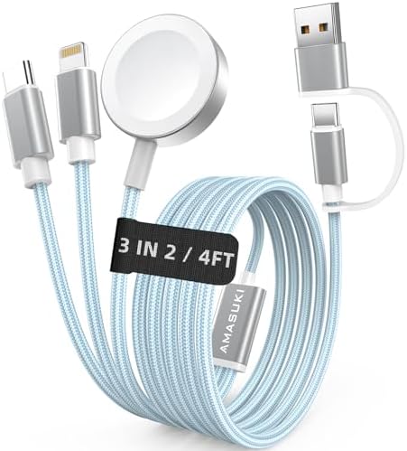 Travel Essentials,3 in 2 USB C Cable for Apple Watch Charger,iPhone Charger,Multi Charging Cable,Cruise Vacation Camping Essentials,Portable for iWatch Series 11-2/Ultra/SE & iPhone 17-12,Car,Blue by ChargeBeyondPowerWithin