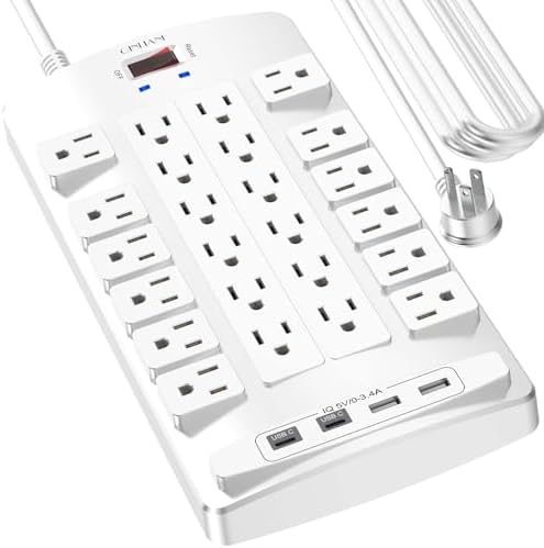 Surge Protector Power Strip - QINLIANF 20Ft Flat Plug Heavy Duty Extension Cord with 24 Outlets and 4 USB Ports(2 USB-C Ports), 4100J, for Home, Office, Dorm, ETL Listed, White by QINLIANF