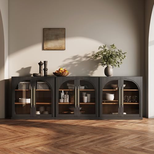 BELLEZE Set of 3 Modular Sideboard with Arched Glass Door, 97'' Accent Display Buffet Cabinet with Storage and Adjustable Shelves,Classic Modern Credenza for Living Room Kitchen Entryway (Ebony) - Image 4