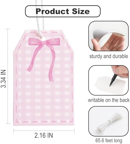 100Pcs Coquette Pink Bow Gift Tags with String Pink Buffalo Plaid Large Gift Tag with 65Ft White String Paper Gift Tag for Coquette Bow Baby Shower Birthday Bachelorette Wedding Gift Wrap Tag - Image 2