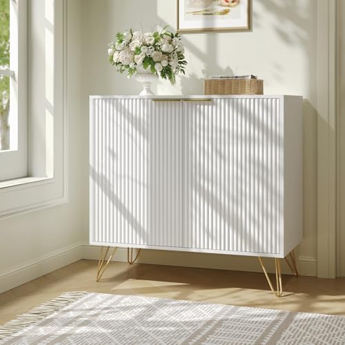 Storage Cabinet with 2 Fluted Doors and Adjustable Shelves, White丨Modern Wood Accent Table, Sideboard Buffet Cabinet, Console Table for Living Room, Hallway, Entryway - Image 3