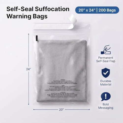 20" X 24" (200 Count) Self-Seal Clear Poly Bags With Suffocation Warning - Image 2