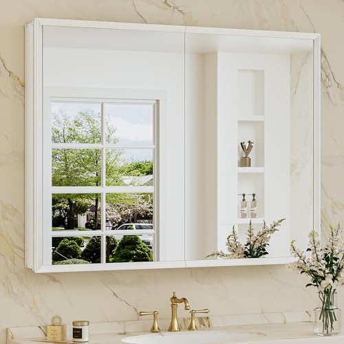 TokeShimi 40 x 32 White Recessed Medicine Cabinet with Mirror, Assembly Required, Bathroom Medicine Cabinet with Mirror, Stepless Adjustable Shelves, Beveled Aluminum Frame, DTC Hinge by TokeShimi