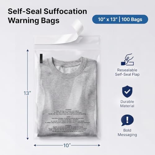 10” X 13” (100 Count) Self Seal Clear Poly Bags with Suffocation Warning - Image 2