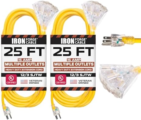 Iron Forge Cable 12 Gauge Extension Cord Multi Outlet, 25 Ft - Yellow SJTW by IronForgeCable
