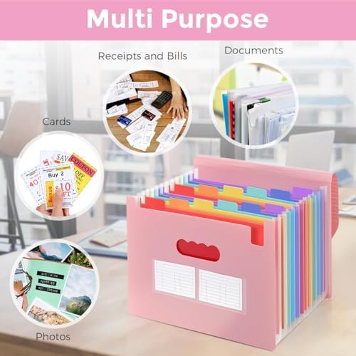 SKYDUE Accordion File Organizer, Expanding File Folder with 13 Pockets, Portable Document Paper Bill Receipt Organizer, Home School Office Supplies, Letter A4 Size Pink - Image 7