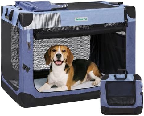 Gardner Pet Soft Collapsible Dog Crate - 30 Inch Portable Travel Dog Crate for Small/Medium Dogs Indoor & Outdoor, 3-Door Pet Crate with Durable Mesh Windows & Storage Bag, Blue by GardnerPet