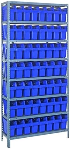 Quantum 1875-SB803BL Heavy Duty Shelving Unit with (8) Shelves and (56) SSB803 Blue Bins for Industrial Warehouse Storage Distribution | 400 lbs Capacity | 18"D x 36"L x 75"H, Galvanized Carbon Steel by QuantumStorageSystems