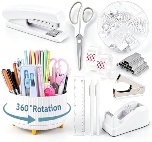 Gawsey White Desk Organizers and Accessories with Desk Organizer 360° Rotating Pen Holder and Office Supplies, Cute Stationery Supplies Set by Gawsey