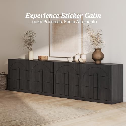 BELLEZE Sideboard Cabinet with 3 Drawers, Set of 4 Modern Wood Buffet Cabinet with Arc Design, Large Fluted Sideboard with Storage for Kitchen Living Room Entryway, Ebony - Image 4