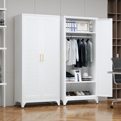Steeloong 71"Armoire Wardrobe Close,White Wardrobe Cabinet with Hanging Rod - Image 4