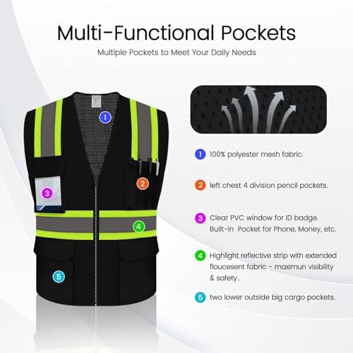 Construction Vest for Men, Hi Vis Reflective Mesh Vest, Black, M - Image 3
