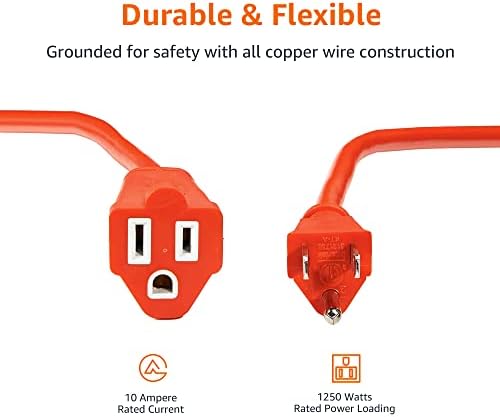 Amazon Basics 100 Foot 3-Prong Vinyl Indoor/Outdoor Extension Cord - 10 Amps,1250 Watts,125 VAC - Orange,(Pack of 6) - Image 3