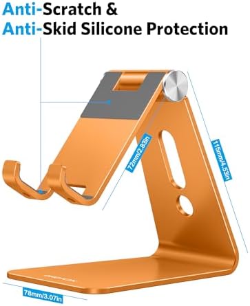 OMOTON Adjustable Cell Phone Stand, Aluminum Desktop Cellphone Stand with Anti-Slip Base and Convenient Charging Port, Fits All Smart Phones, Orange - Image 3