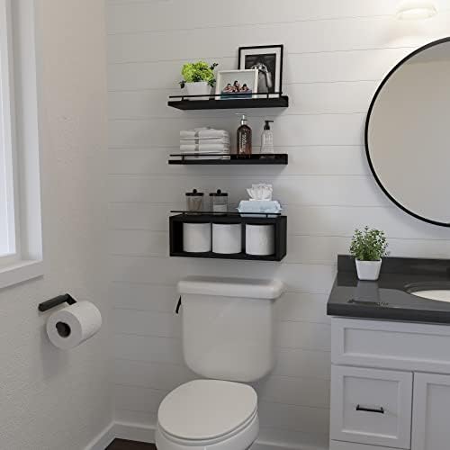 WOPITUES Floating Shelves for Wall with Cube Shelf, Wall Shelves with Metal Rail for Bathroom Decor, Bathroom Organizers and Storage, Over Toilet Shelves for Toilet Paper-Black (Pack of 2) - Image 4