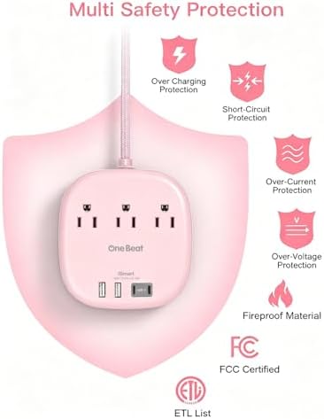 Cruise Ship Travel Essentials, 22.5W/4.5A Flat Plug Power Strip, Pink - Image 7