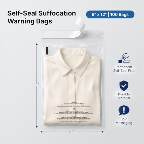9" X 12" (100 Count) Self Seal Clear Poly Bags with Suffocation Warning - Image 2