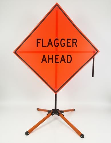 Traffic Roll-Up Sign Kit with Stand – Collapsible Safety Sign & Heavy-Duty Portable Stand, High Visibility, Easy Setup (Flagger Ahead, Mesh) by EASTERNMETALSIGNSANDSAFETY