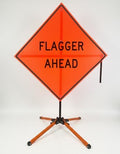 Traffic Roll-Up Sign Kit with Stand – Collapsible Safety Sign & Heavy-Duty Portable Stand, High Visibility, Easy Setup (Flagger Ahead, Mesh) by EASTERNMETALSIGNSANDSAFETY