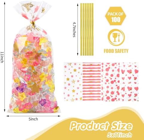 COQOFA 100 Pcs 5"X11" Cello Cellophane Treat Bags Party Favor bags Pink Candy Cookie Bags Clear Plastic Goodie Bags with Twist Ties for Gift,Baby Shower, Birthday, Wedding,Party - Image 2