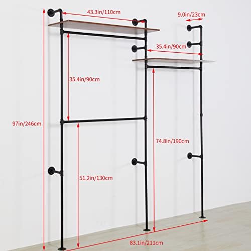 Industrial Pipe Clothing Rack with 2 Shelves, Clothes Rack Wall Mounted Heavy Duty Clothing Store Display Stands Garment Rack Closet System(Black, 96.5x80.7inch) - Image 3