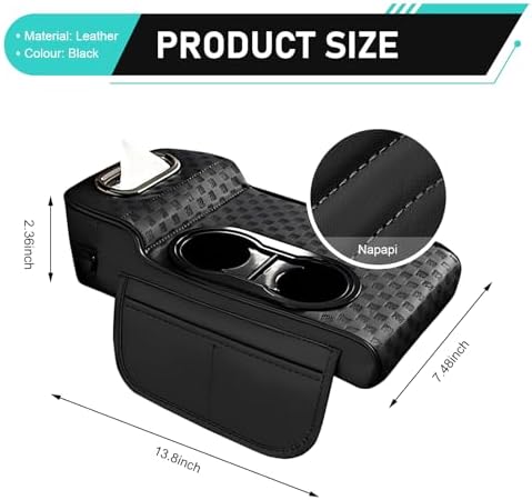 Car Center Console Cover, Microfiber Leather Car Armrest Cover Cushion with 2 Storage Bags, Cup Holders, Tissue Box Slot, Universal Car Armrest Storage Box for Most Vehicles (Black) - Image 2