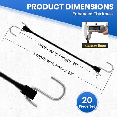 ROBLOCK 31" (20 Packs) Bungee Cords with Hooks Rubber Tarp Straps with 150% Max Stretch, 100% EPDM Bungee Cords with Metal Crimped S Hooks, Ideal for Securing Tarps, Cargo, Canvases, Weatherproof - Image 2