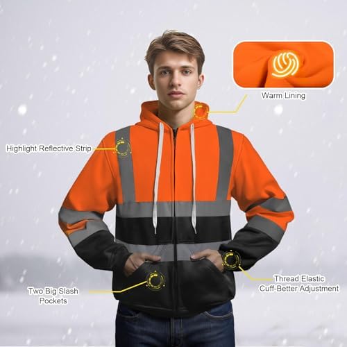TCCFCCT Hi Vis Hoodie for Men Women Class 3 High Visibility Hoodie, Reflective Safety Hoodies for Men Workers, Surveyors, Hi Vis Sweatshirts for Men Dirt-resistant with Black Bottom, Orange XL - Image 3