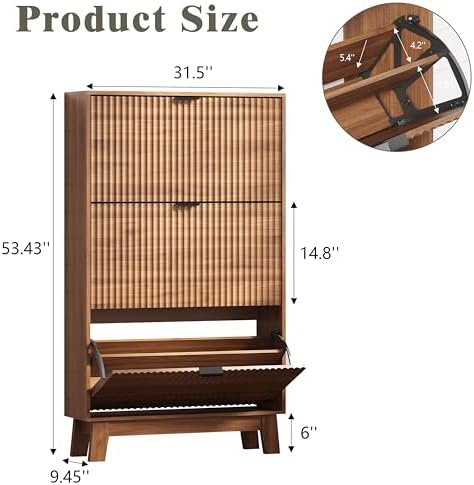 Shoe Cabinet Storage for Entryway with 3 Flip Drawers, Fluted Narrow Shoe Organizer with Wooden Legs, Freestanding Slim Shoe Storage Hidden Shoe Rack Organizer for Front Door Entrance, Hallway, Walnut - Image 2
