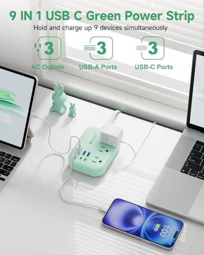6 USB (3 USB C) Green Travel Power Strip, 5Ft Extension Cord, 3 Outlets - Image 3