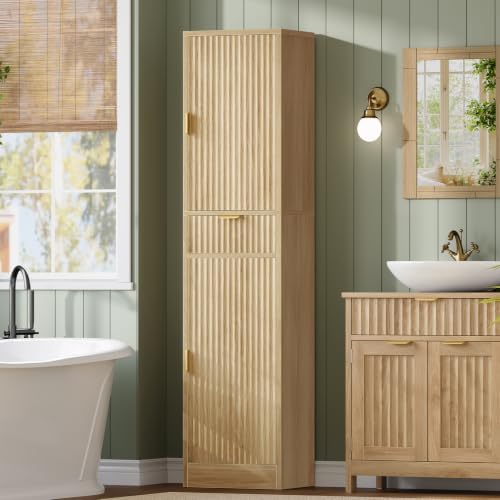 TEENFON 66.9″ Storage Cabinet with 1 Drawer and 2 Doors, Tall Bathroom Storage Cabinet with Adjustable Shelves, Rattan Fluted Cabinet for Bathroom, Living Room, Kitchen, Natural Oak - Image 4