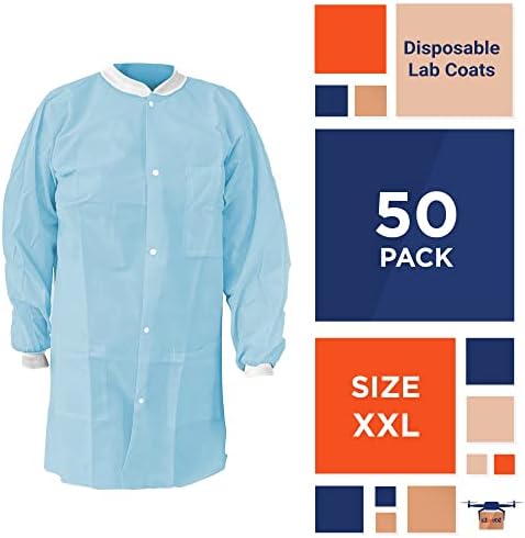 EZGOODZ Disposable Lab Coats for Adults, 2X-Large Sky Blue, 45 GSM Polypropylene, Unisex Lab Coat with Snap Front, Knit Cuffs and Collar, 3 Pockets, Pack of 50 - Image 2