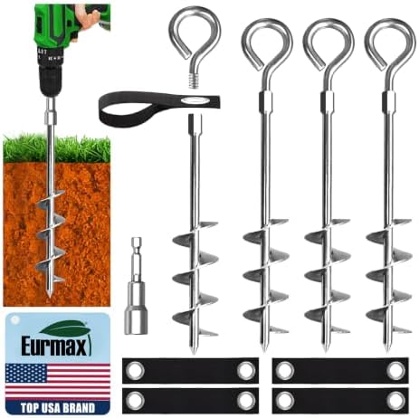 Eurmax USA 4 Pack Heavy Duty Ground Stakes&Anchors,Commercial Spiral Screw-in Trampoline Stakes with Reinforced Tie-Down Straps,High Wind Stabilizing Kit for Canopies,Outdoor Sheds,Swing Sets(Silver) by Eurmax