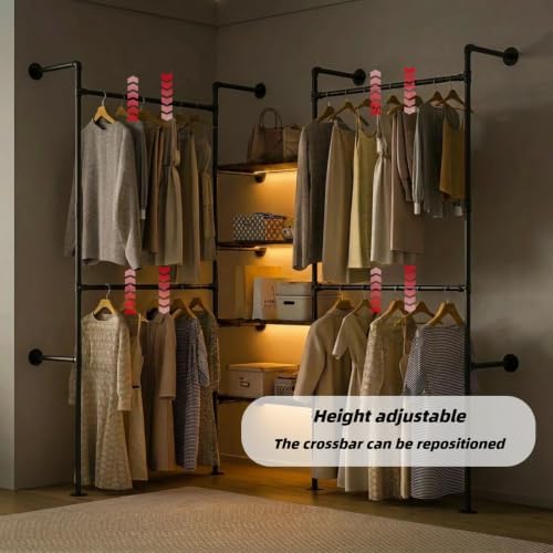 Industrial Pipe Clothing Rack with LED Lights& Shelves,Black - Image 4