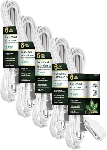 GoGreen Power Inc. (G-24706-5) 16/2 6' Household Extension Cord, 3 Outlets, White, 6ft, 5 Pack by PowerByGoGreen