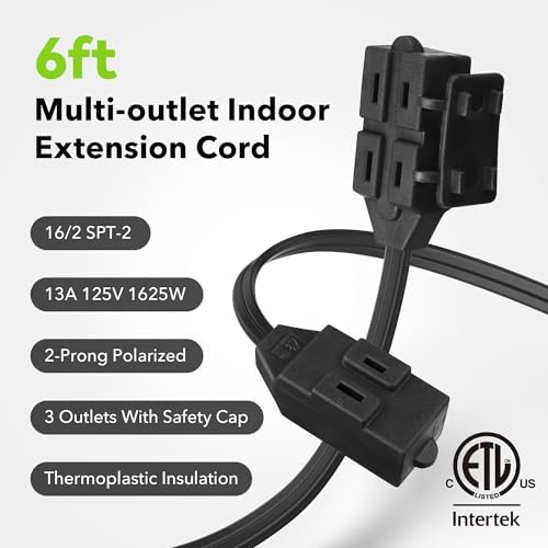 BN-LINK 6ft Indoor Extension Cord, 2 Pack, 3-Outlet Polarized Flat Cable, Household Power Cord for Home, Office, and Holiday Decorations, Black - Image 4