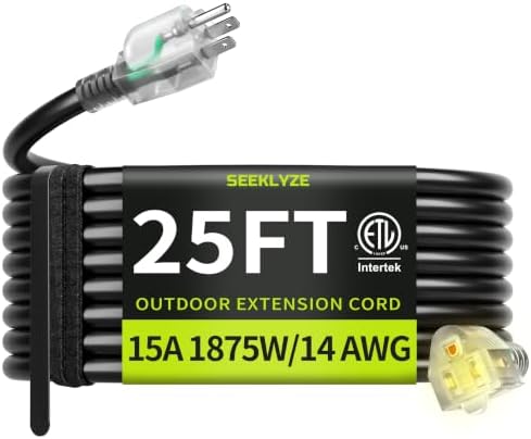 14AWG 25FT Outdoor Extension Cord, Heavy Duty with Lighted End by Seeklyze