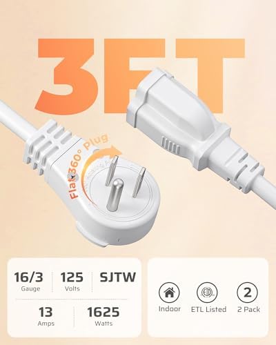 DEWENWILS 3FT 360° Rotating Flat Plug Extension Cord, 16/3 Gauge, 2 Pack - Image 6