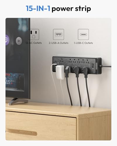 NTONPOWER 15 ft Extension Cord, Flat Plug Power Strip with USB, 12 Outlets Wall Mount, 2100 Joules, 1875W, 15A Circuit Breaker for Home Office Dorm Essentials, Black (Pack of 2) - Image 3