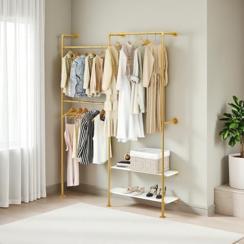 KaKaBB Gold Pipe Clothing Rack, Double Hanging Rods Clothes Rack with Shelves, Heavy Duty Wall Mounted Clothes Rack for Wardrobe, Bedroom, and Walk-in Closet System(Gold) - Image 4