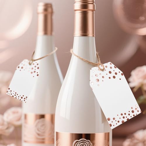 100Pcs Rose Gold Gift Tags with String Attached, ASYEHJNR Foil Rose Gold Dot Large Gift Bag Tags Presents with 65 FT Jute Twine, White Paper Gift Tags for Baby Shower, Wedding, Birthday Gift Wrap Tags - Image 5