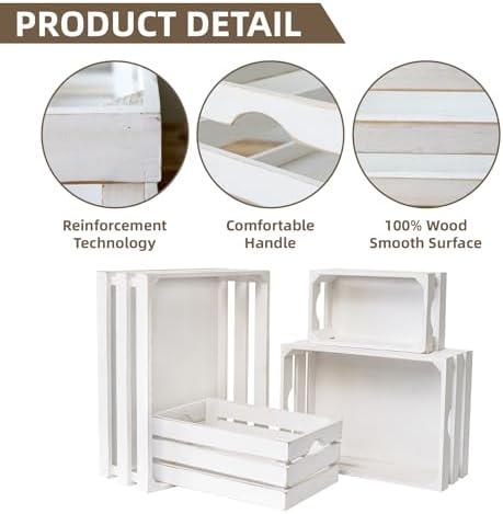 Set of 4 Large Wooden Decorative Storage Crates, Whitewashed Nesting Wooden Crates for Display Rustic, Farmhouse Wood Storage Container Boxes Made from 100% Wood - Image 3