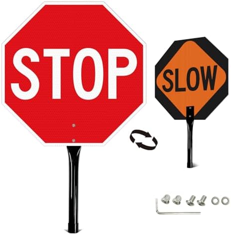 GicnKeuz 1 Pack Stop Slow Sign with Metal Handle, 18x18 inches Double Sided Slow/Stop sign, Traffic Reflective Aluminum Sign, Fade Resistant/Waterproof, Easy to Mount (Red & Orange) by GicnKeuz