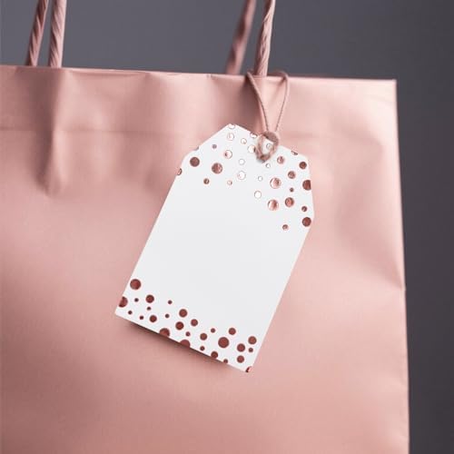 100Pcs Rose Gold Gift Tags with String Attached, ASYEHJNR Foil Rose Gold Dot Large Gift Bag Tags Presents with 65 FT Jute Twine, White Paper Gift Tags for Baby Shower, Wedding, Birthday Gift Wrap Tags - Image 4