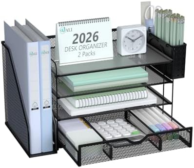 WALI Desk File Organizer, 4 Tier Desktop Paper Letter Tray Organizer with Drawer and 2 Pen Holders, Office Desk Accessories & Workspace Organizers for Office, Home Supplies(DO005DH-2B), 2 Packs, Black by WALI