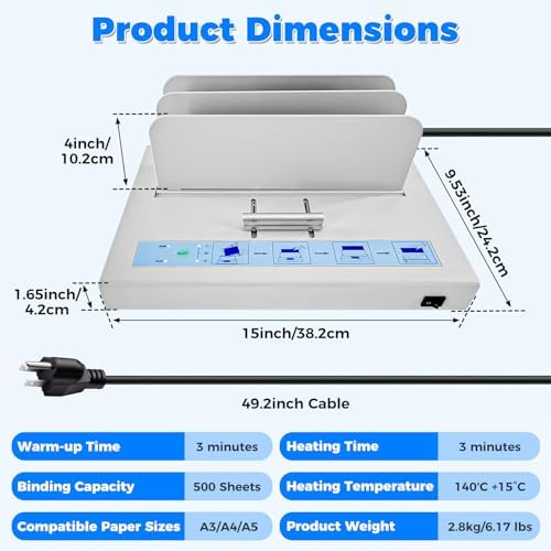 Thermal Binding Machine 500 Sheets Capacity Book Binding Material with 10 Letter Size Envelopes, A3/A4/A5 Document Heat Binder Hot Melt Machine Metal Thermal Binder Contract Document Invoice - Image 5